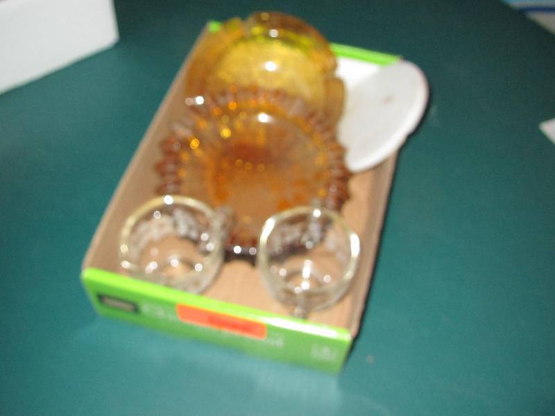 Cream and sugar, amber ash trays, hot pot holder