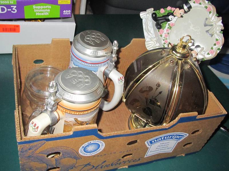 Beer steins, Mickey and Minnie picture frame, diffuser tea maker, touch light