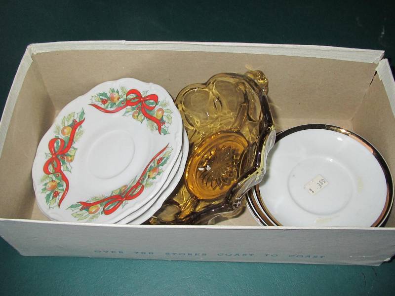 Amber dish, tea plates from Czech Republic and Brazil
