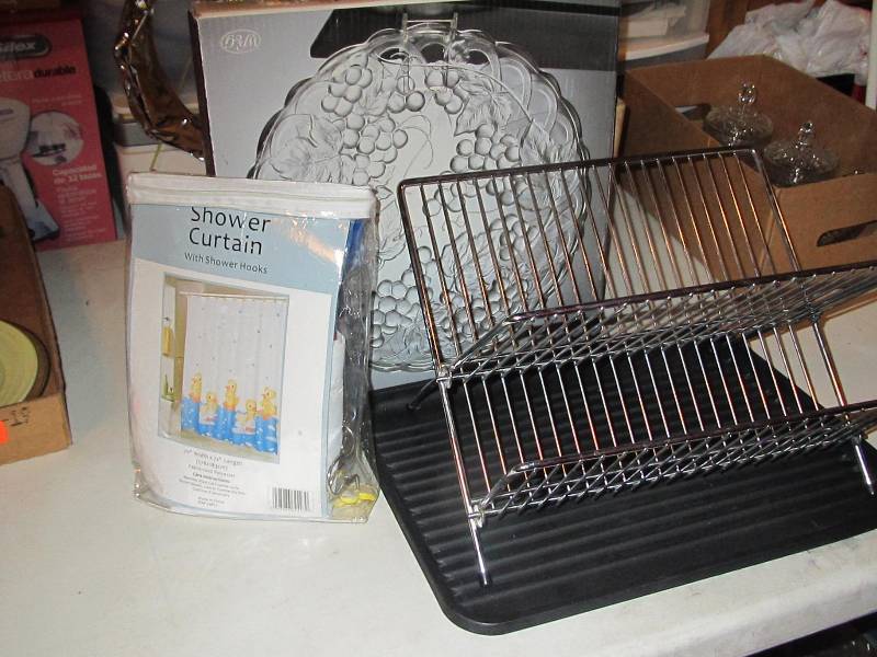 Serving platter, dish rack, duck shower curtain