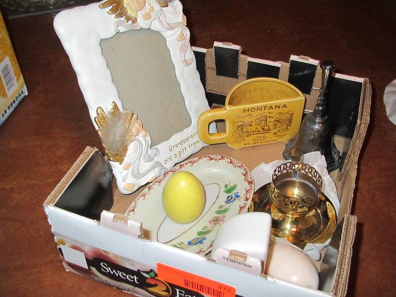 Grandparent frame, silver bell, wooden eggs, half cup, pepper shaker, candle holder