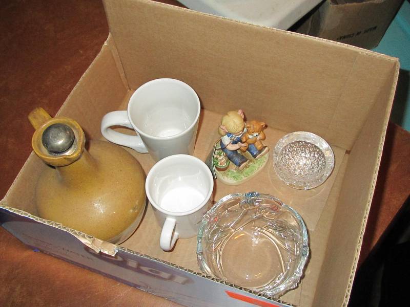 Christmas mugs, glass bowl, denim days statue, wine jug