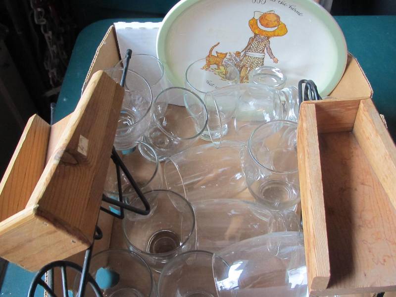 wheel barrels, Holly Hobbie plate, drinking glasses