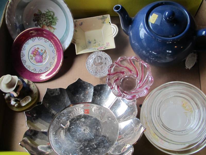 Pristine teapot,� tea cup and plate, heavy silver tray, denim days, beige dish, crystal bowl with red, small crystal, fruit bowl, purple coffe cup