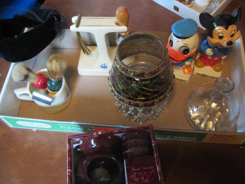 Tart burner, Old spice mustach razor and brush, 2 mustach brushes, old razor, bobble heads, decorative candle lamp, oil diffussor