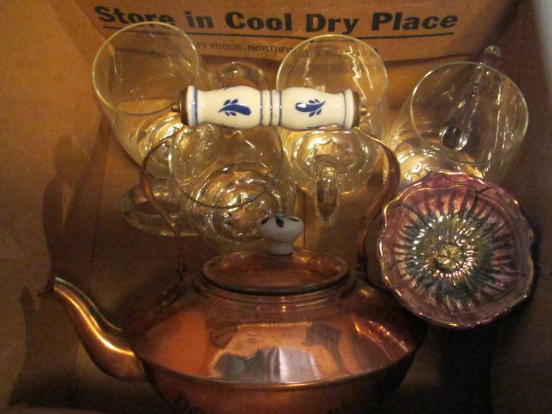 Copper tea pot, crystal beer steings, tea light burner