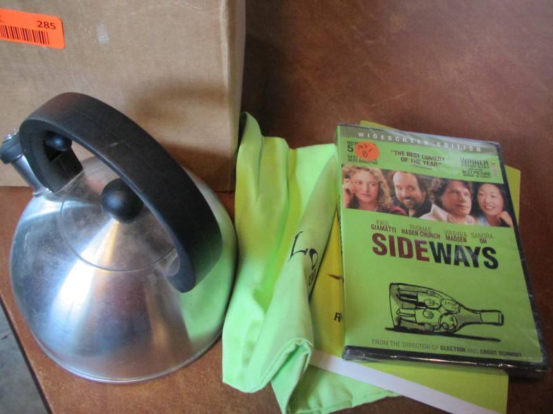 Sideways book, movie and metal tea pot