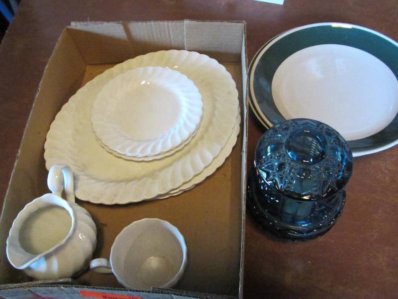 slate blue candle burner, green trim dinner plates, white dinner plates, plaltter, cup and dessert plates and gravy dish