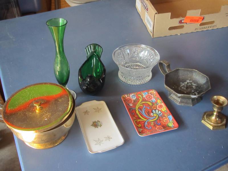 Green vase and bird plus candy dishes and candle holders