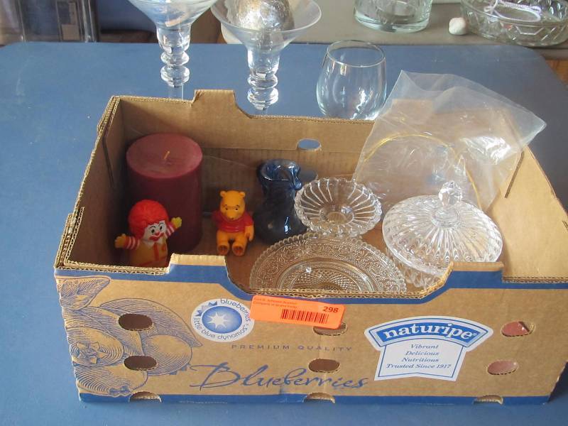 candle holders plus candles, pooh, Ronald McDonald, gold necklace, blue creamer