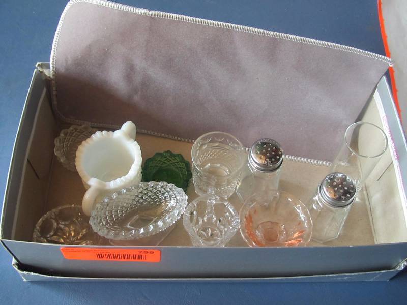 milk glass sugar, shot glass, little glass containers, salt and pepper, crystal creamer