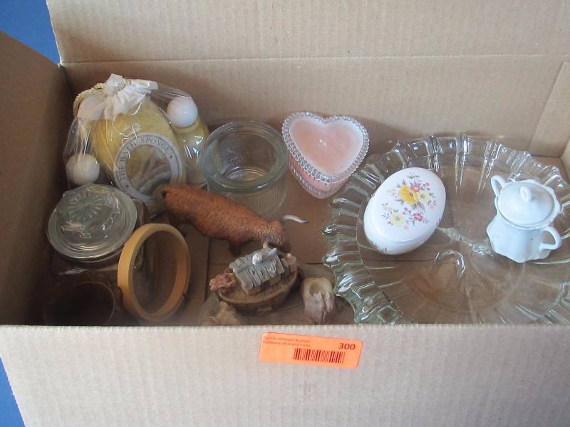 candles, sugar bowl, round circle for stitching, jelly bean glass container, Noah�s arch, pressed glass, amber candle container