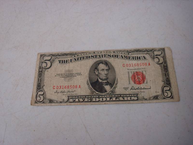 lot 38 image: Five Dollar Red Bill, Shows Wear