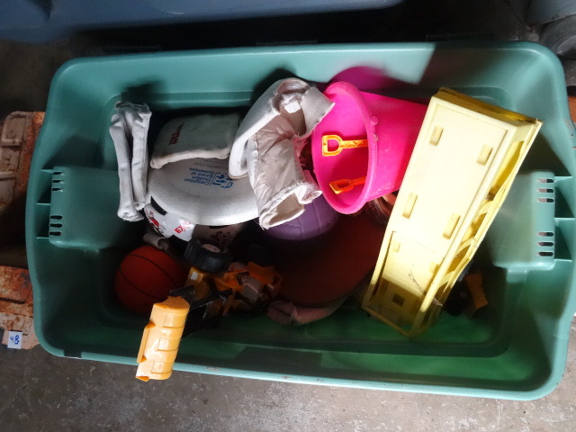Bin of Misc Kids Toys. Knee Pads