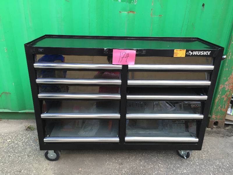 Husky  10 Drawer Tool Box - missing lock and one glass panel