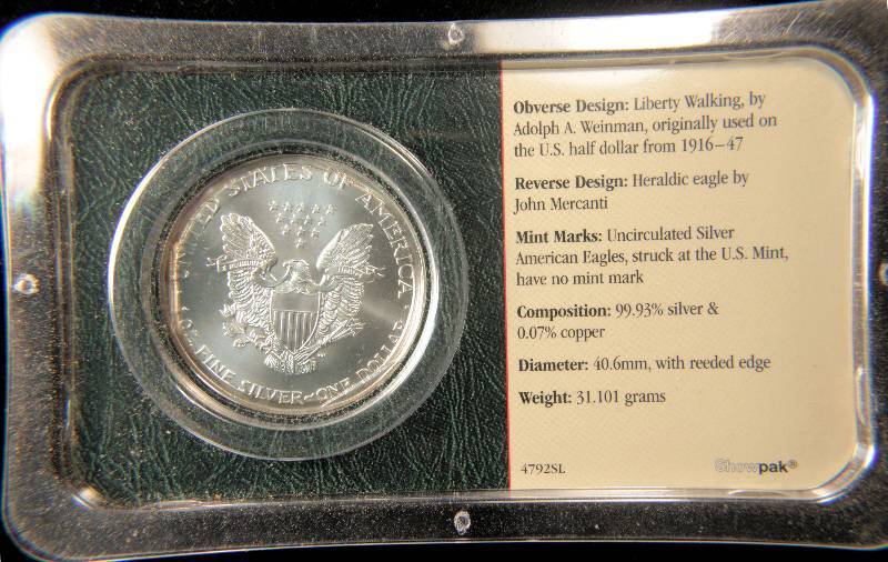 2001 AMERICAN SILVER EAGLE .999 FINE SILVER 1 TROY Oz. IN LITTLETON HOLDER