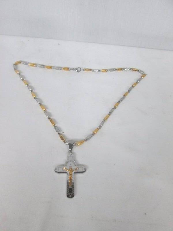 Two Tone Stainless Steel Crystal Crucifix Pendant