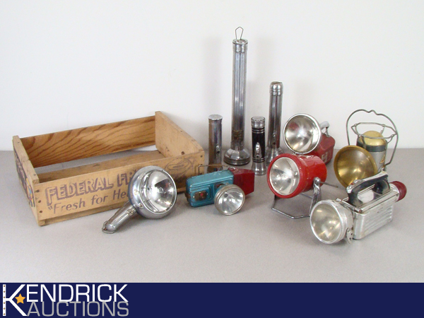 Lot of Vintage Flashlights and Lanterns in Wood Box