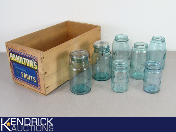 Lot of 7 Antique Blue Mason Jars in a Wood Box