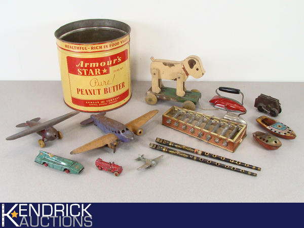 Large Metal Bucket Full of Antique Tin Toys, Parts etc.