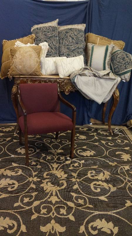 lot 5 image: Large Lot of 10 Decorator Pillows, Comforter and Red Wood Framed Chair