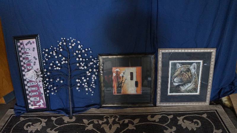 lot 13 image: Lot of 3 Framed Pictures and 1 Metal Art Decor
