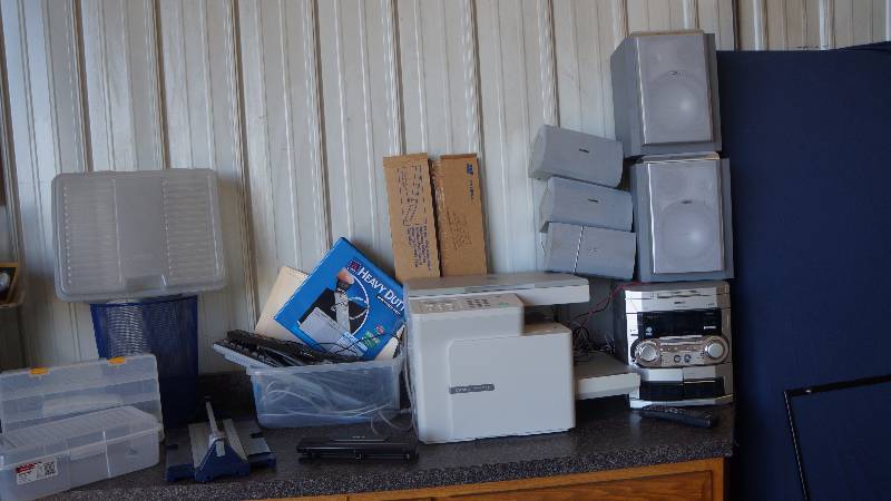 lot 23 image: Lot of Office Supplies, Canon CopierPrinter, Storage Containers & Stereo