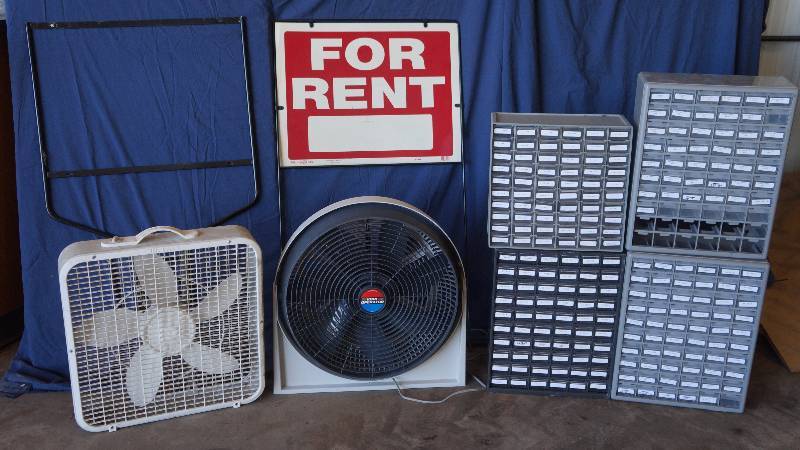 lot 24 image: Fans, Metal Sign Holders & Garage Storage Containers