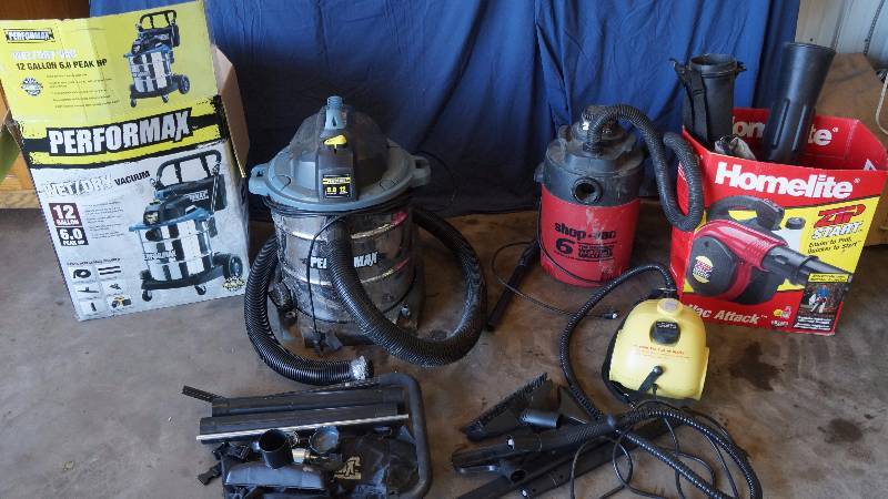 lot 25 image: Lot of 2 WetDry Vacs, Steamer & Leaf Blower Bagger