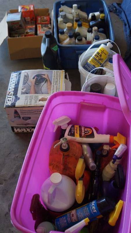 lot 26 image: Variety of Oil, Oil Filters, Car Polisher, Various and Cleaning Supplies with Tote