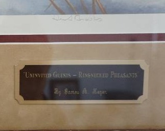 lot 13 image: James A Meger Uninvited Guests Ringneck Pheasants Wildlife and Pond Hockey Themed Framed Print