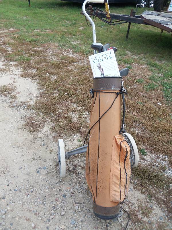 lot 60 image: antique golf bag, clubs and golfer quote book