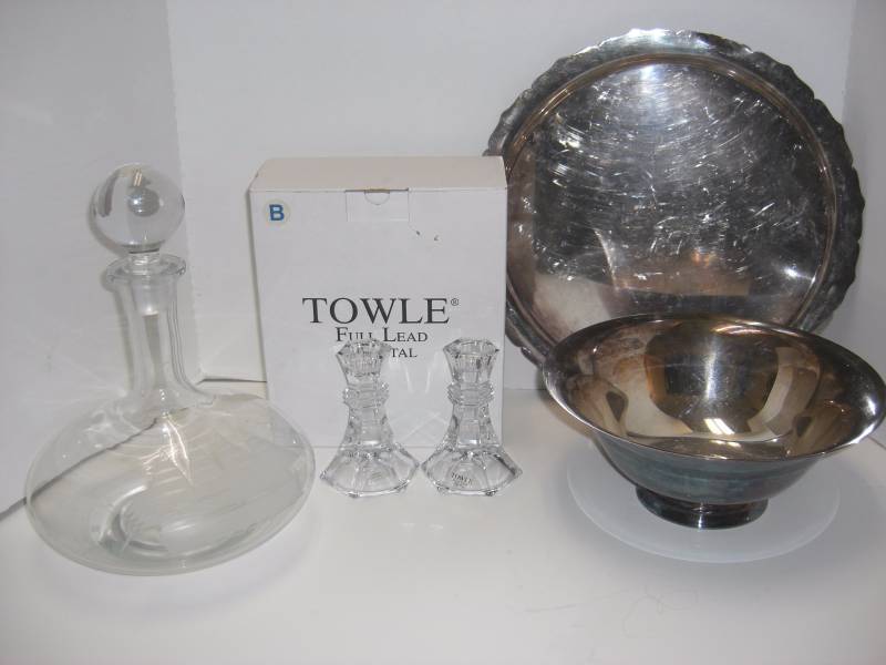 Elegant Towle Candlesticks & Bowl & Meridan Tray &  Decanter Sailing Ship