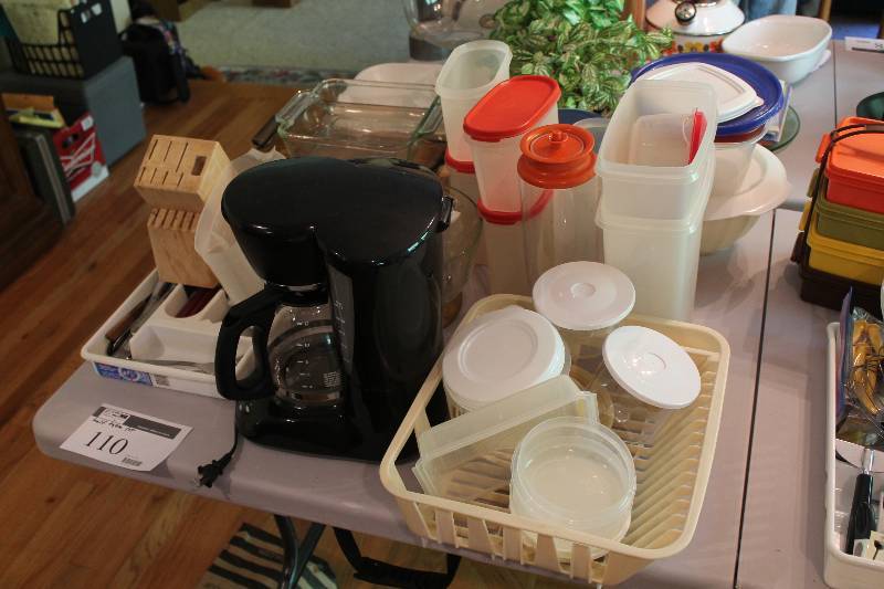 Table Lot Including Tupperware Baking Trays Coffee Maker And More.