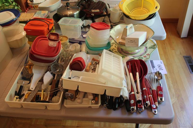 Table Lot Including Silverware Tray Kitchen Utensils And More.