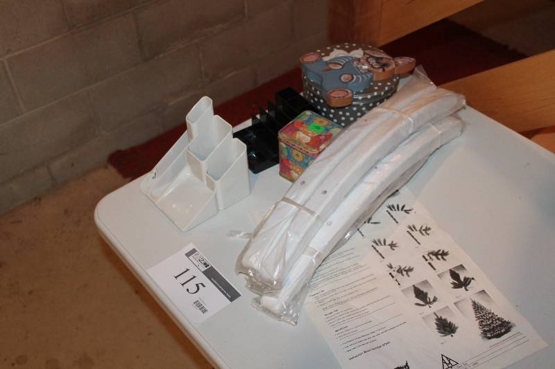Table Lot Including Decor Organizational Containers (2) And More.