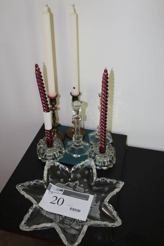 Lot of (7) Including Glass Candle Holders Christmas Serving Tray.