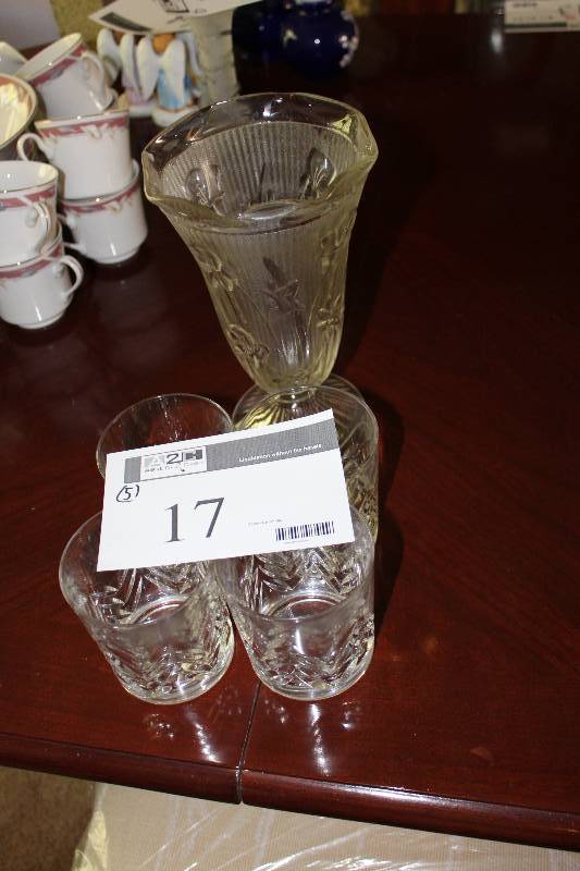 Lot  of (5) Including Etched Glass Crystal Ware Glasses (4)  Vase.