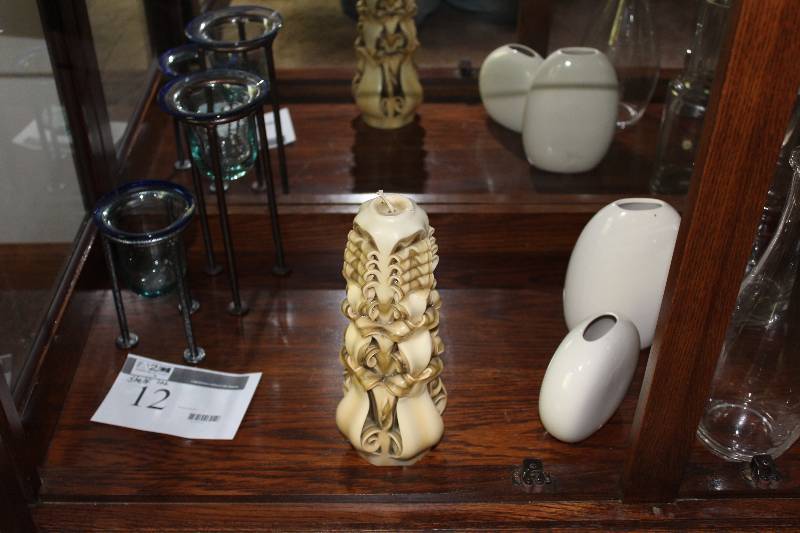 Shelf Lot Including Glass Decanters (2) Decorations And More.