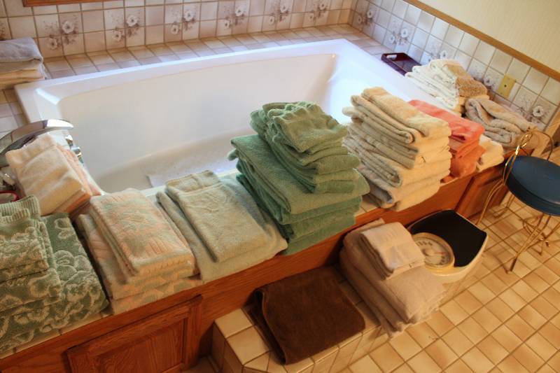 Bathroom Lot Including Towels Scale Stool And More.