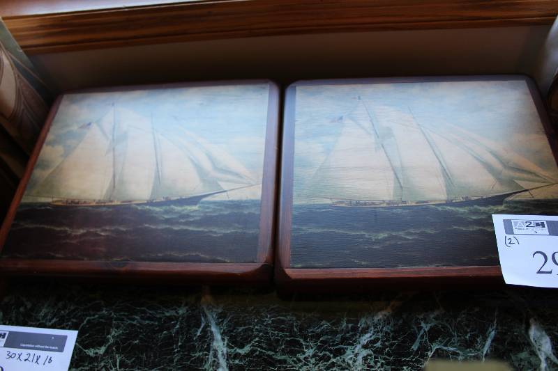 Lot of (2) Decorative Boat Plaques On Wood 12� x 15�.