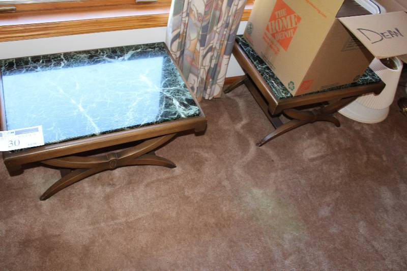 Lot of (2) Wooden Stands wStone Tops 16� x 30� x 12�.