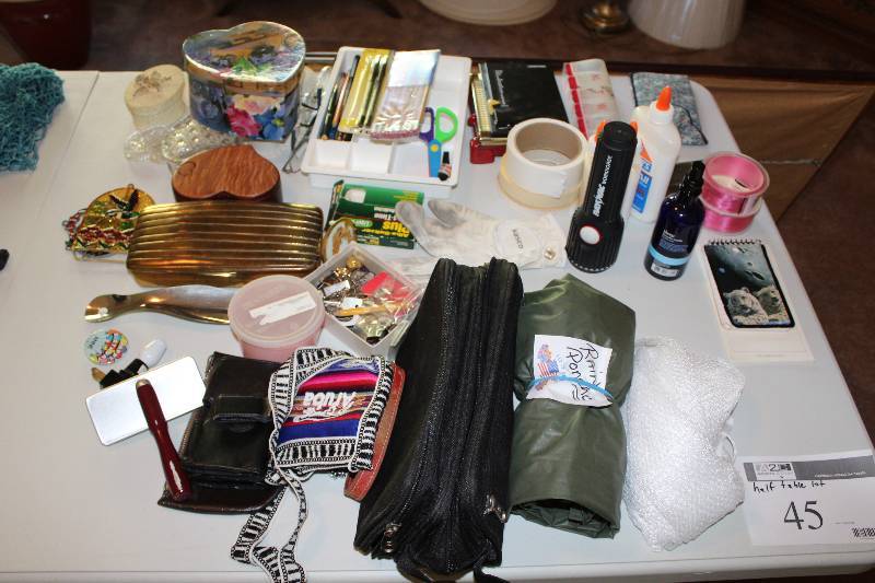 Half Table Lot Including Rayovac Flashlight Purses Decor And More.
