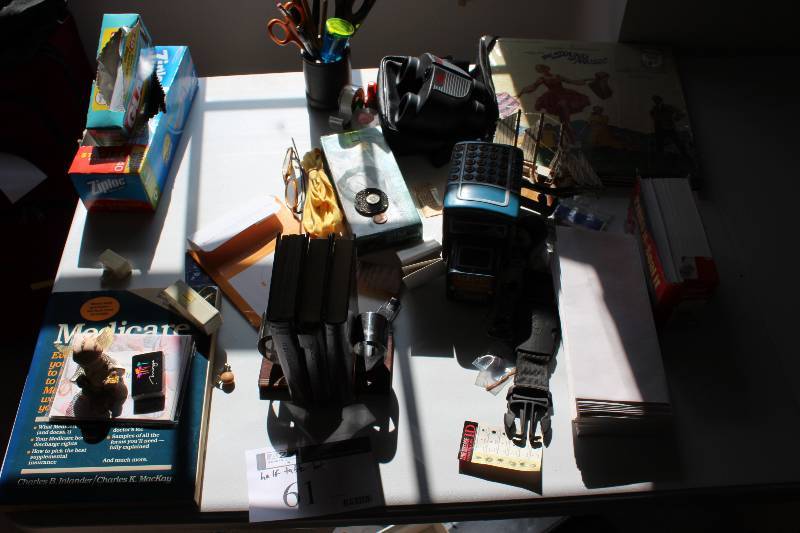 Half Table Lot Including Records Books Scissors And More.