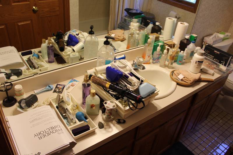 Bathroom Lot Including Hand Mirror Shower Rack Trash Can And More.