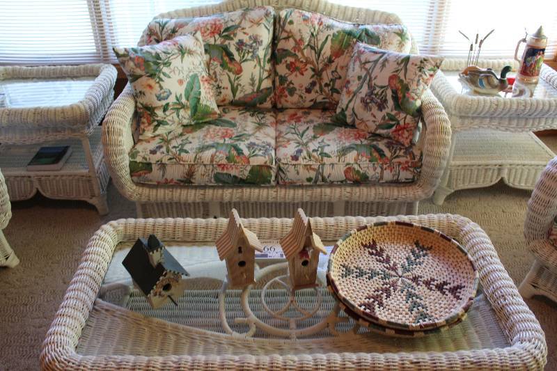 Lot of (2) Wicker Table Wicker Love Seat Includes Contents.