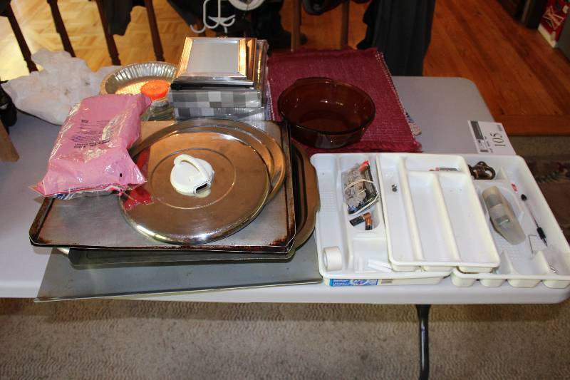 Half Table Lot Including Silverware Trays Pie Tins Metal Lids And More.