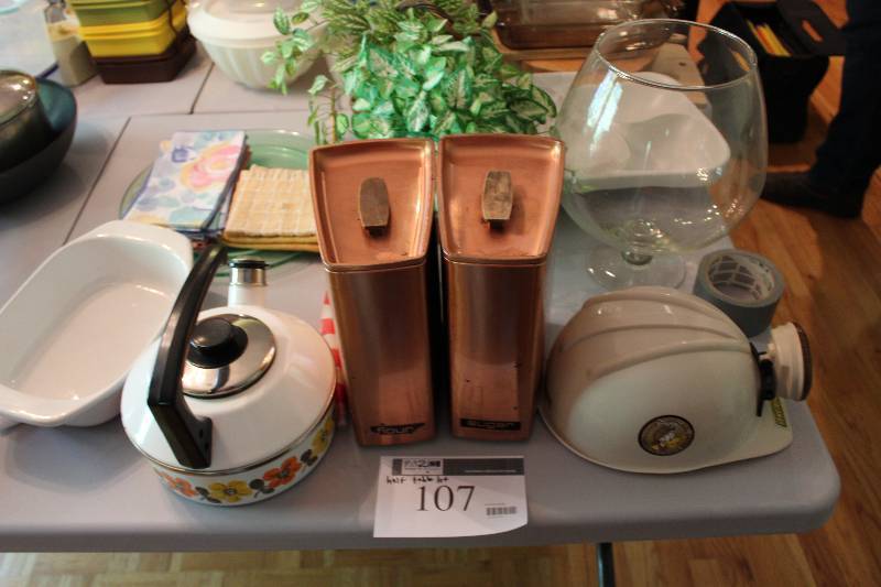 Table Lot Including Metal Bins Tea Pot Duct Tape And More.