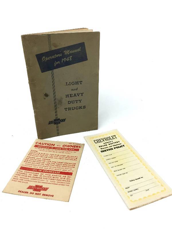 lot 2 image: ORIGINAL 1948 CHEVROLET LIGHT AND HEAVY DUTY TRUCK OWNERS MANUAL. Est value of $120.00