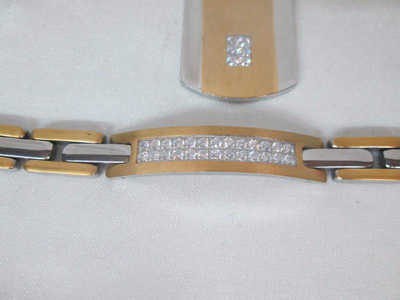 lot 84 image: Two-Tone Stainless Steel CZ Dog Tag & Bracelet Set